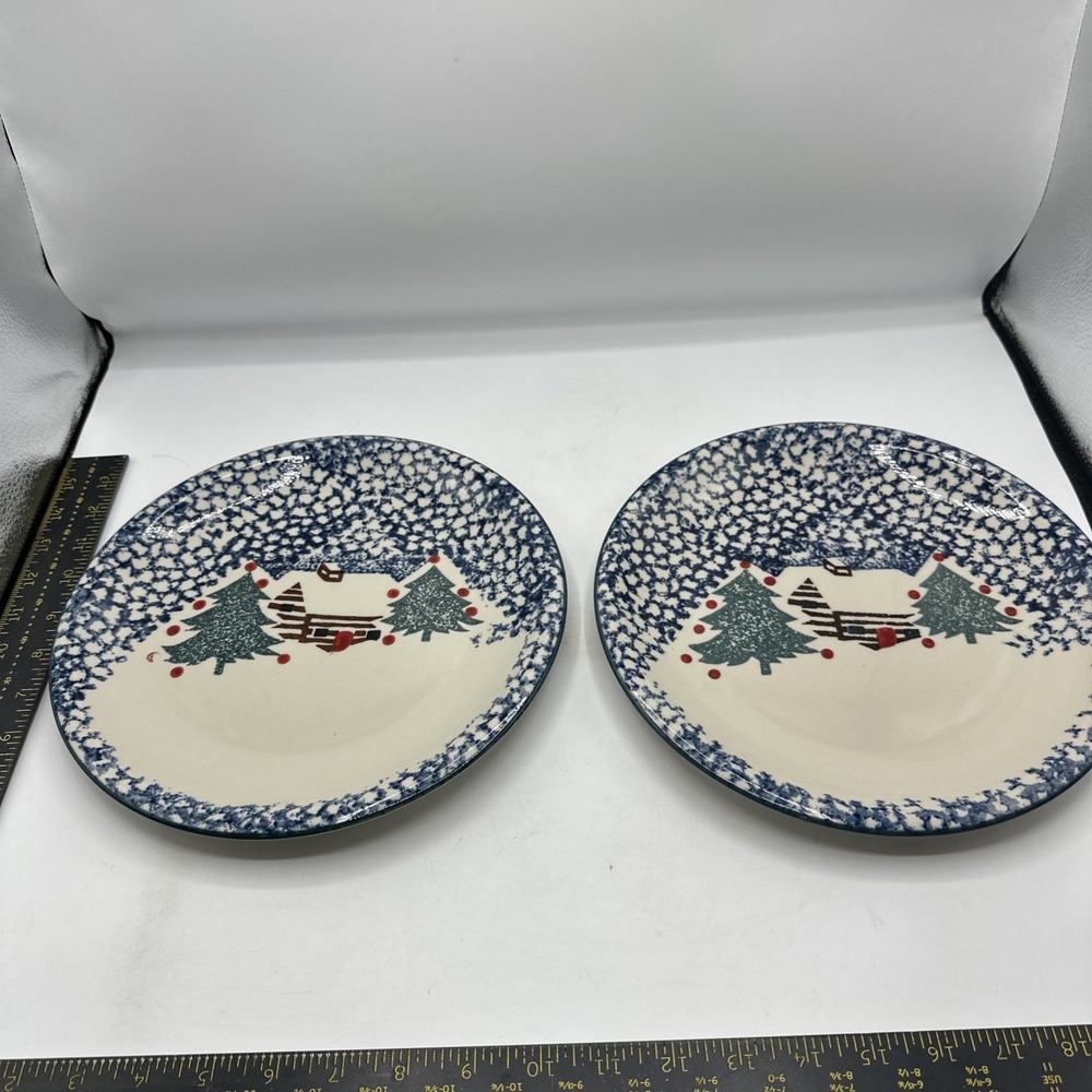 Folk Craft Tienshan Cabin in the Snow Stoneware Dinner Plates 2- Red Dots 10.25"